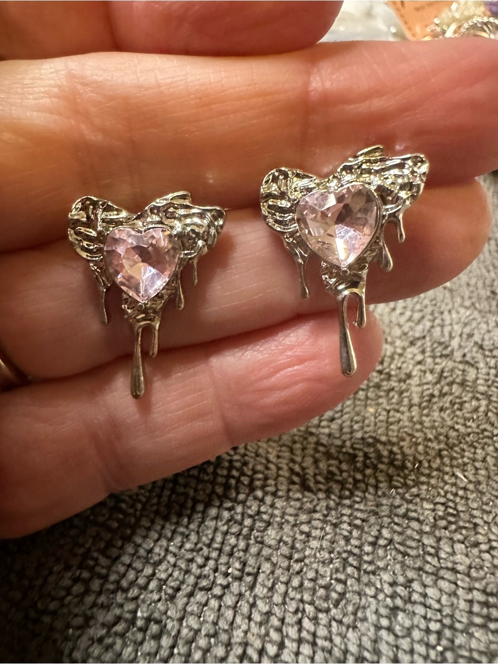 Silver-Tone Pink Heart Crystal Stud Earrings - Women Jewelry
